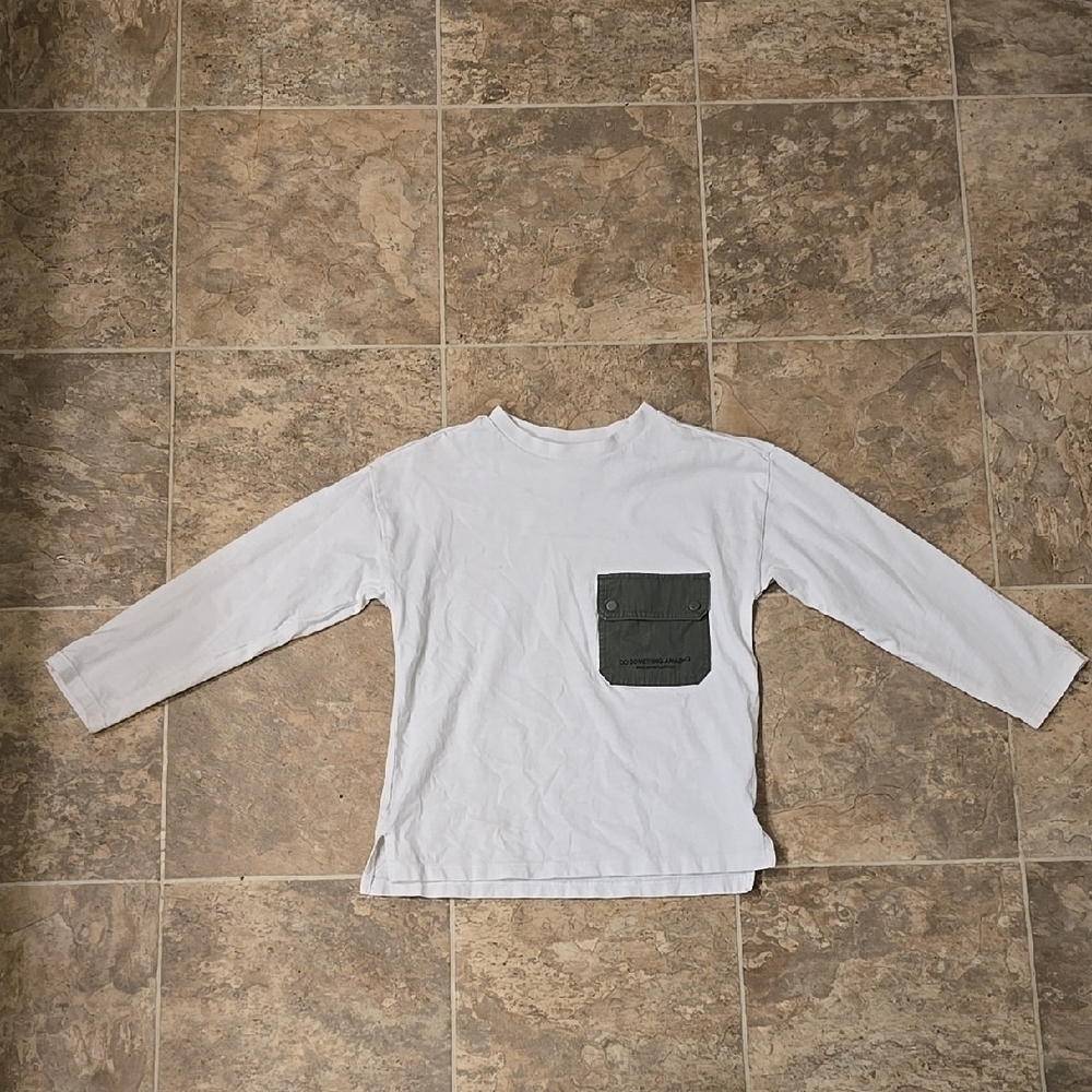 Kids White Long Sleeve Shirt with Green Pocket